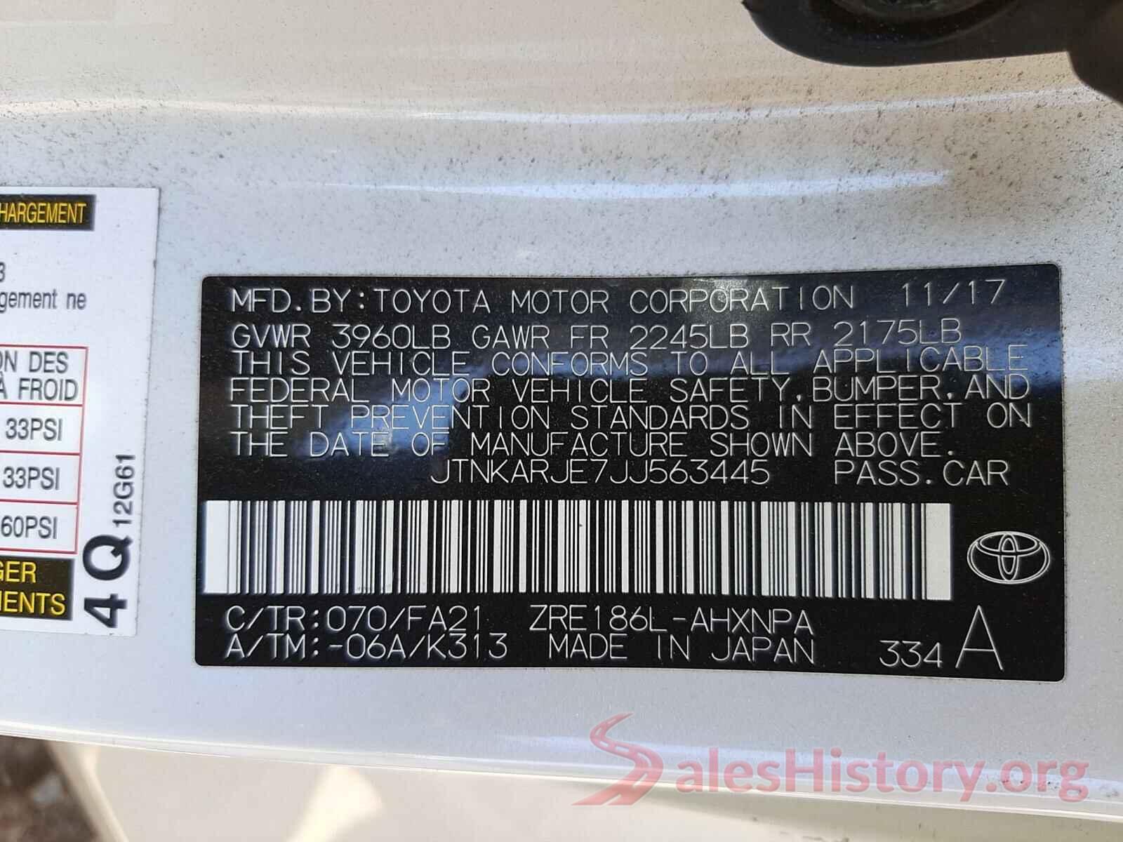 JTNKARJE7JJ563445 2018 TOYOTA COROLLA