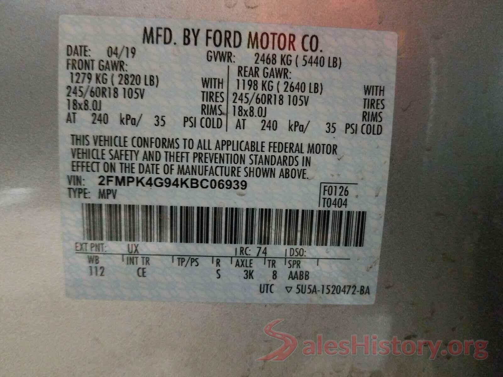 2FMPK4G94KBC06939 2019 FORD EDGE