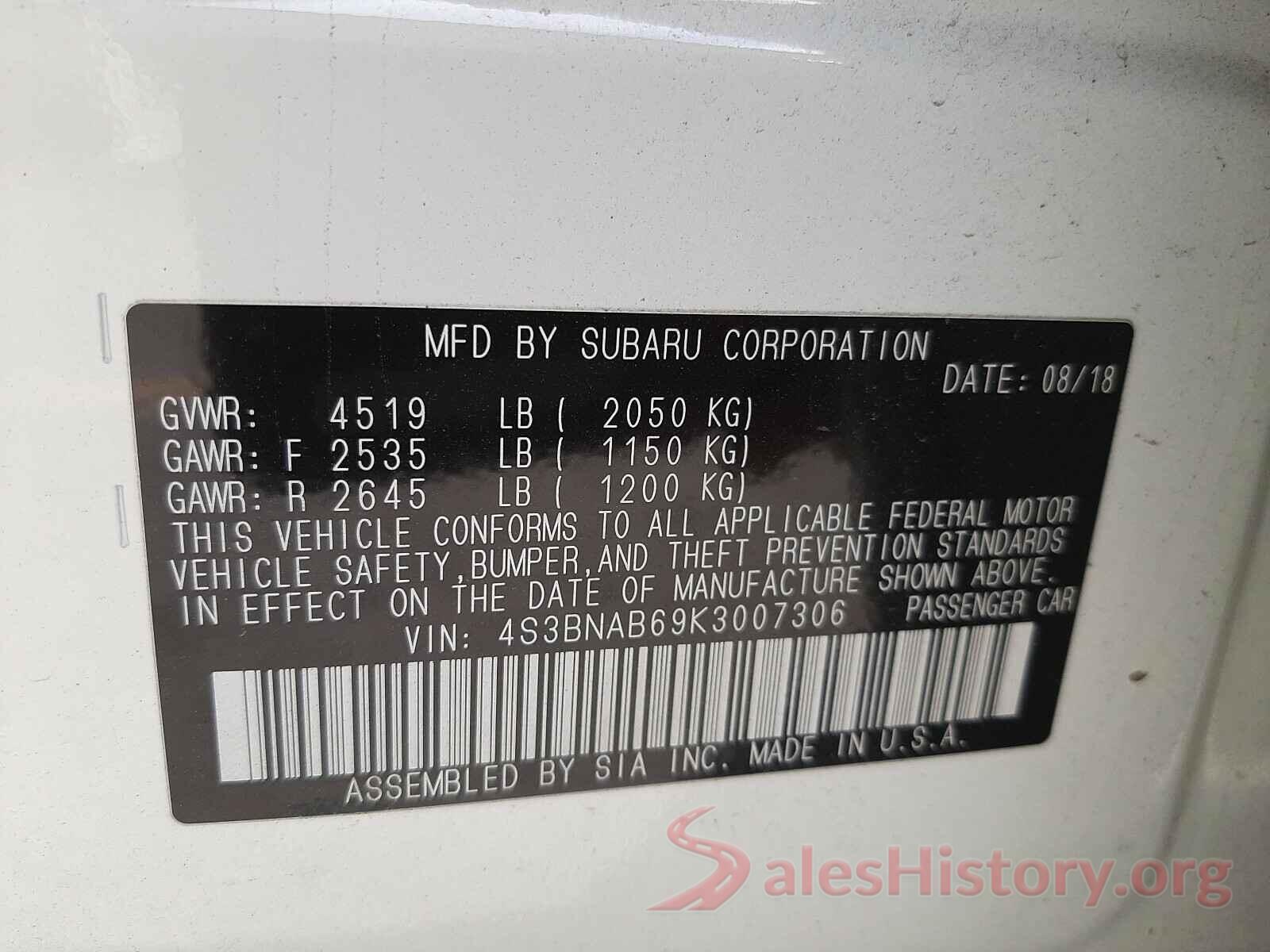 4S3BNAB69K3007306 2019 SUBARU LEGACY