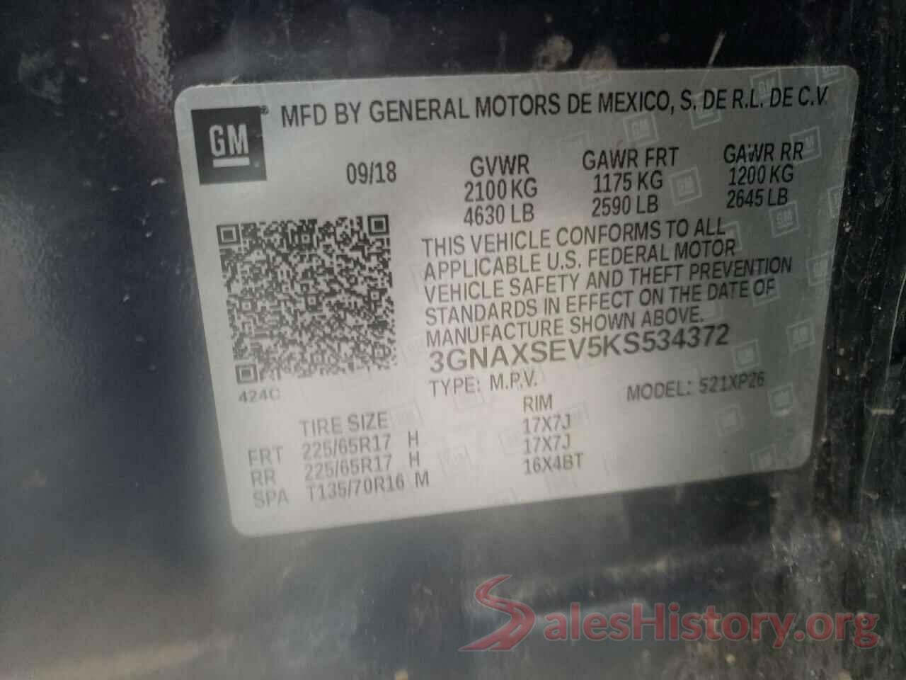 3GNAXSEV5KS534372 2019 CHEVROLET EQUINOX