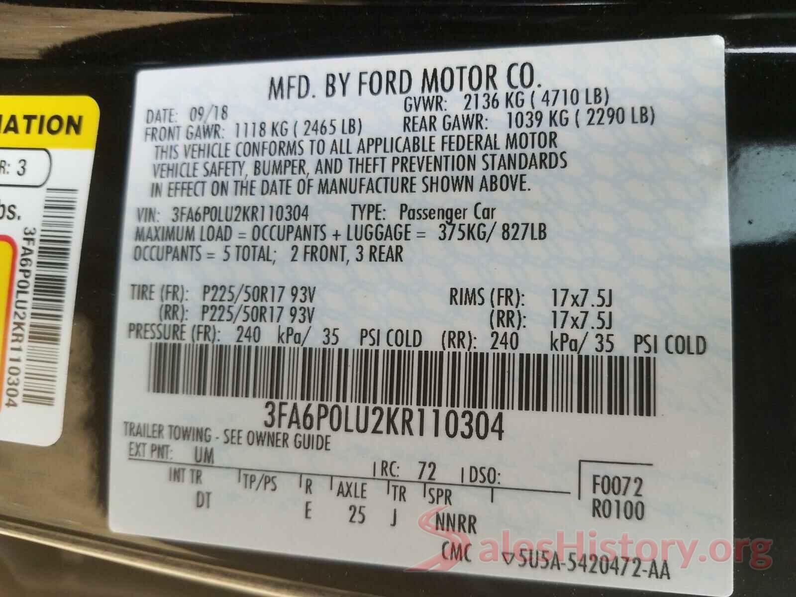 3FA6P0LU2KR110304 2019 FORD FUSION