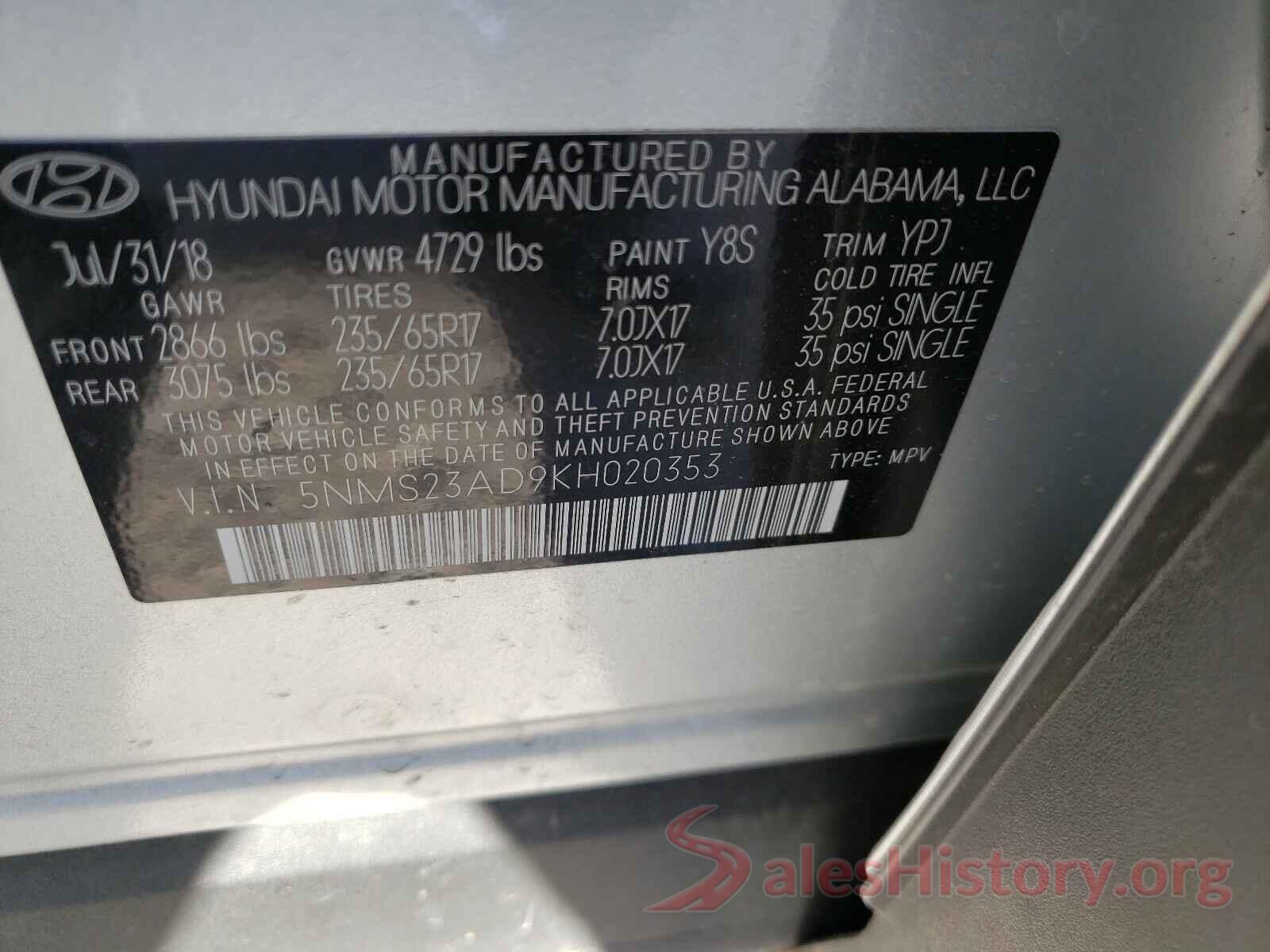 5NMS23AD9KH020353 2019 HYUNDAI SANTA FE