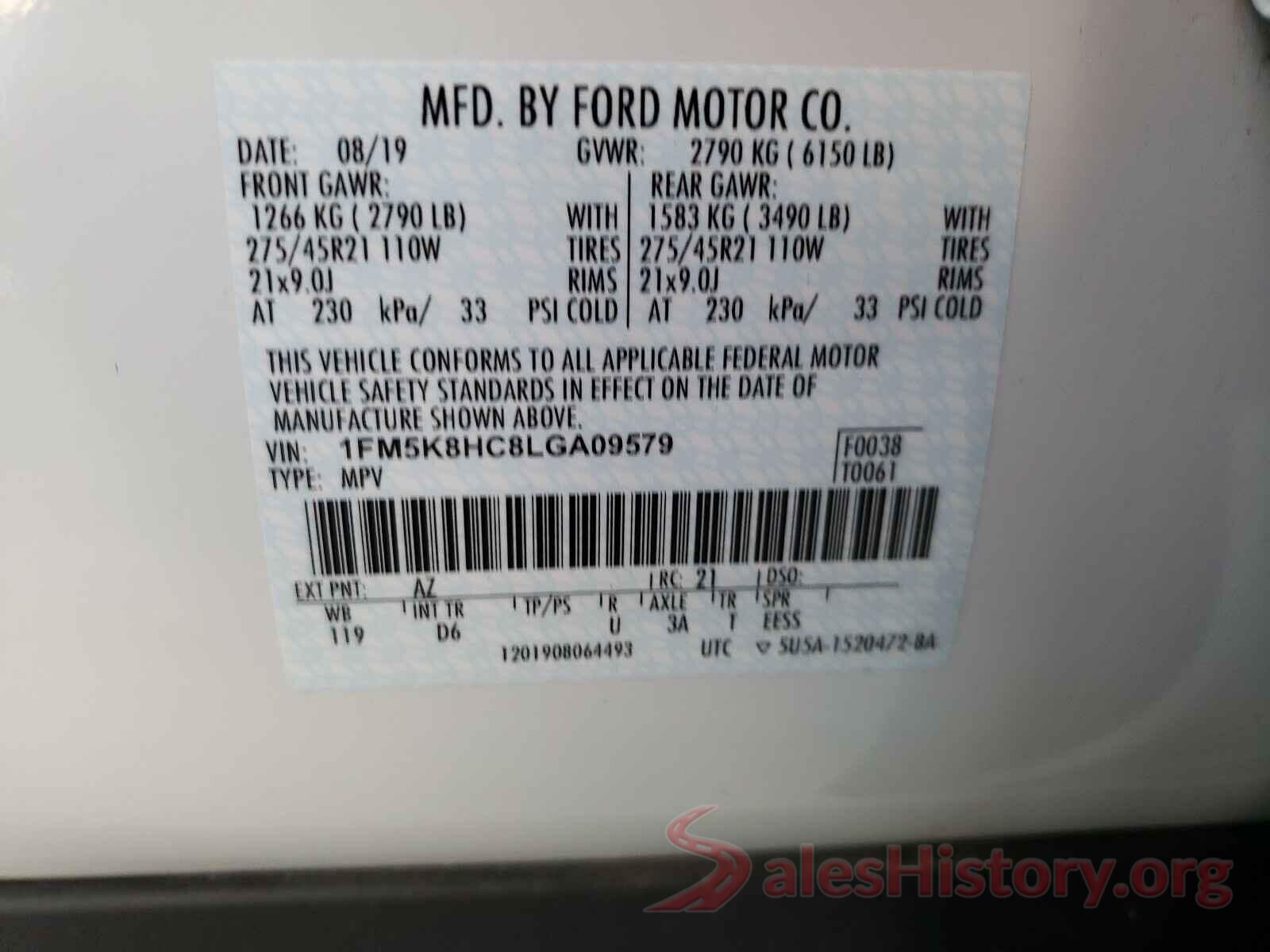 1FM5K8HC8LGA09579 2020 FORD EXPLORER