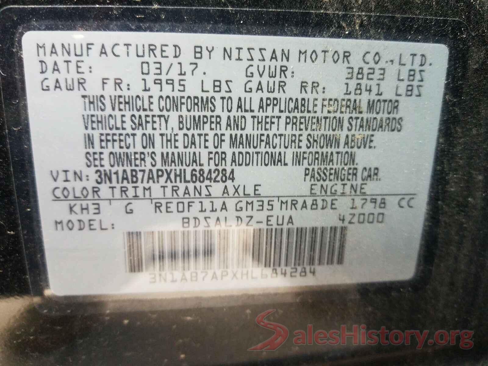 3N1AB7APXHL684284 2017 NISSAN SENTRA