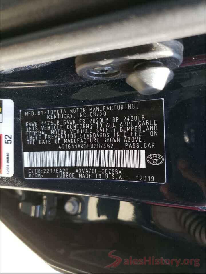 4T1G11AK3LU387962 2020 TOYOTA CAMRY