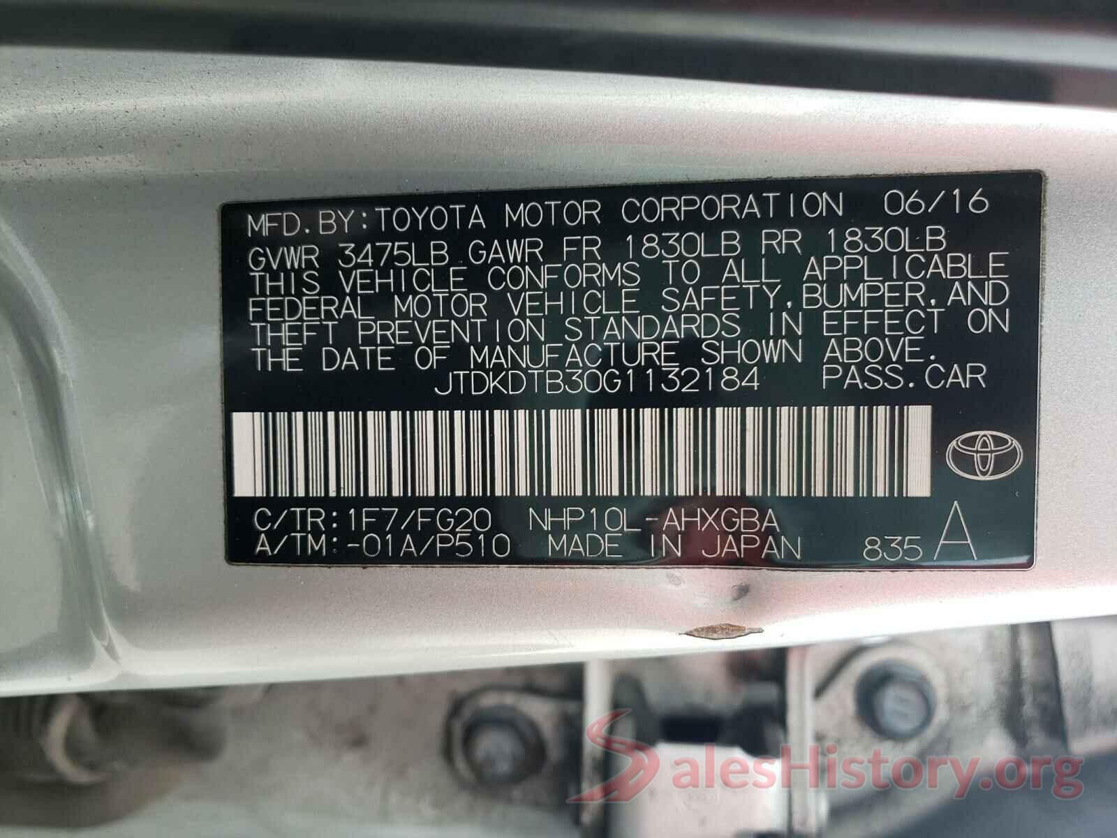 JTDKDTB30G1132184 2016 TOYOTA PRIUS