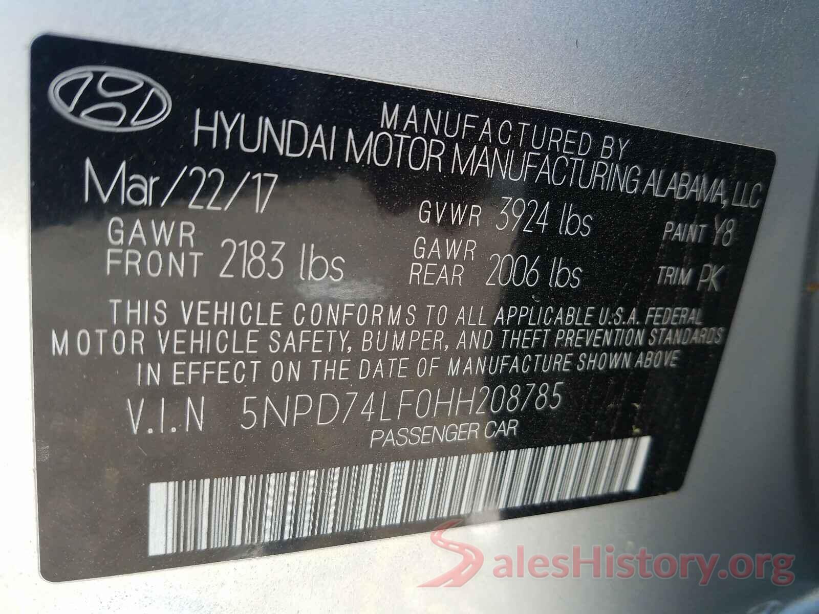 5NPD74LF0HH208785 2017 HYUNDAI ELANTRA