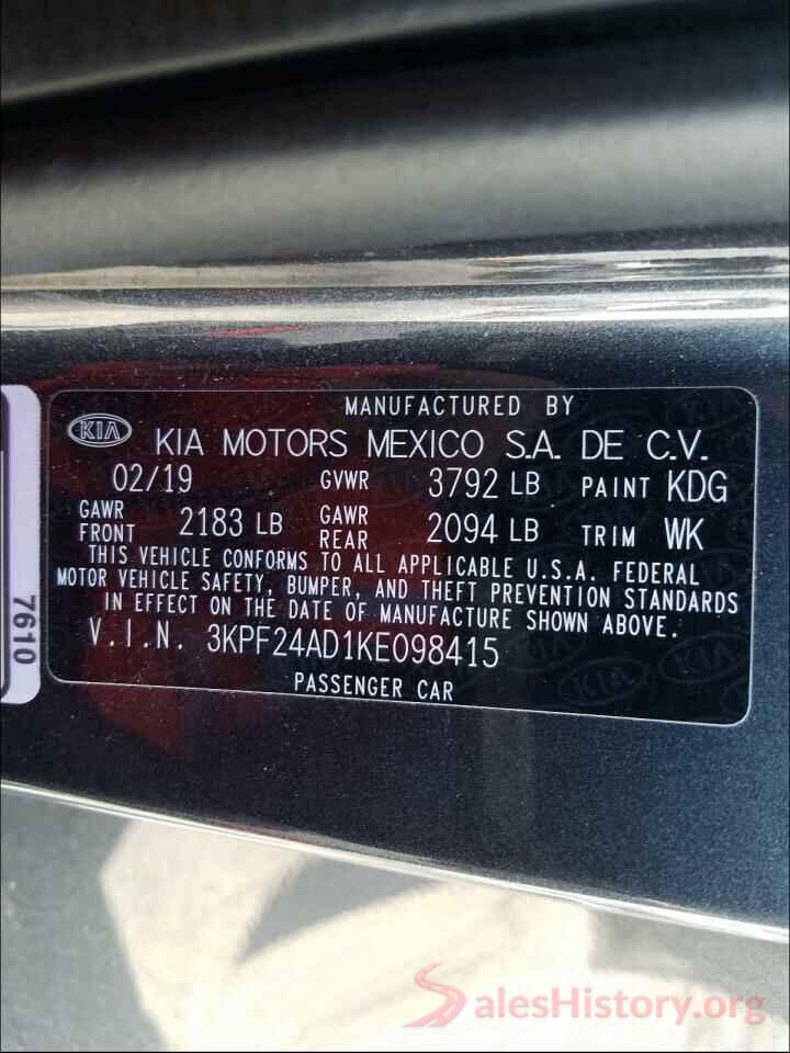 3KPF24AD1KE098415 2019 KIA FORTE