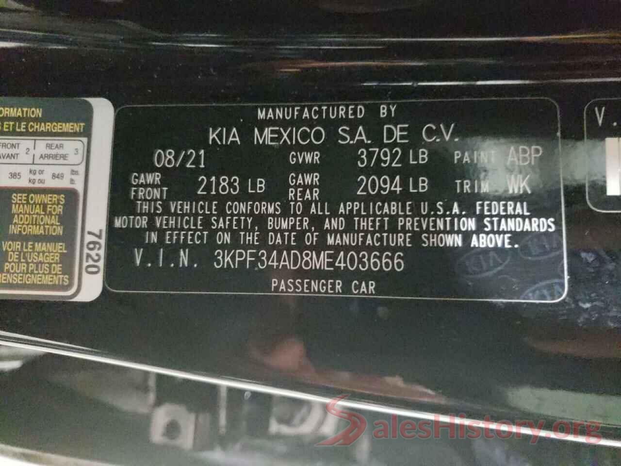 3KPF34AD8ME403666 2021 KIA FORTE