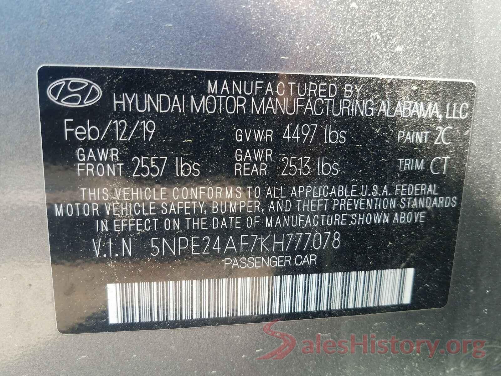 5NPE24AF7KH777078 2019 HYUNDAI SONATA