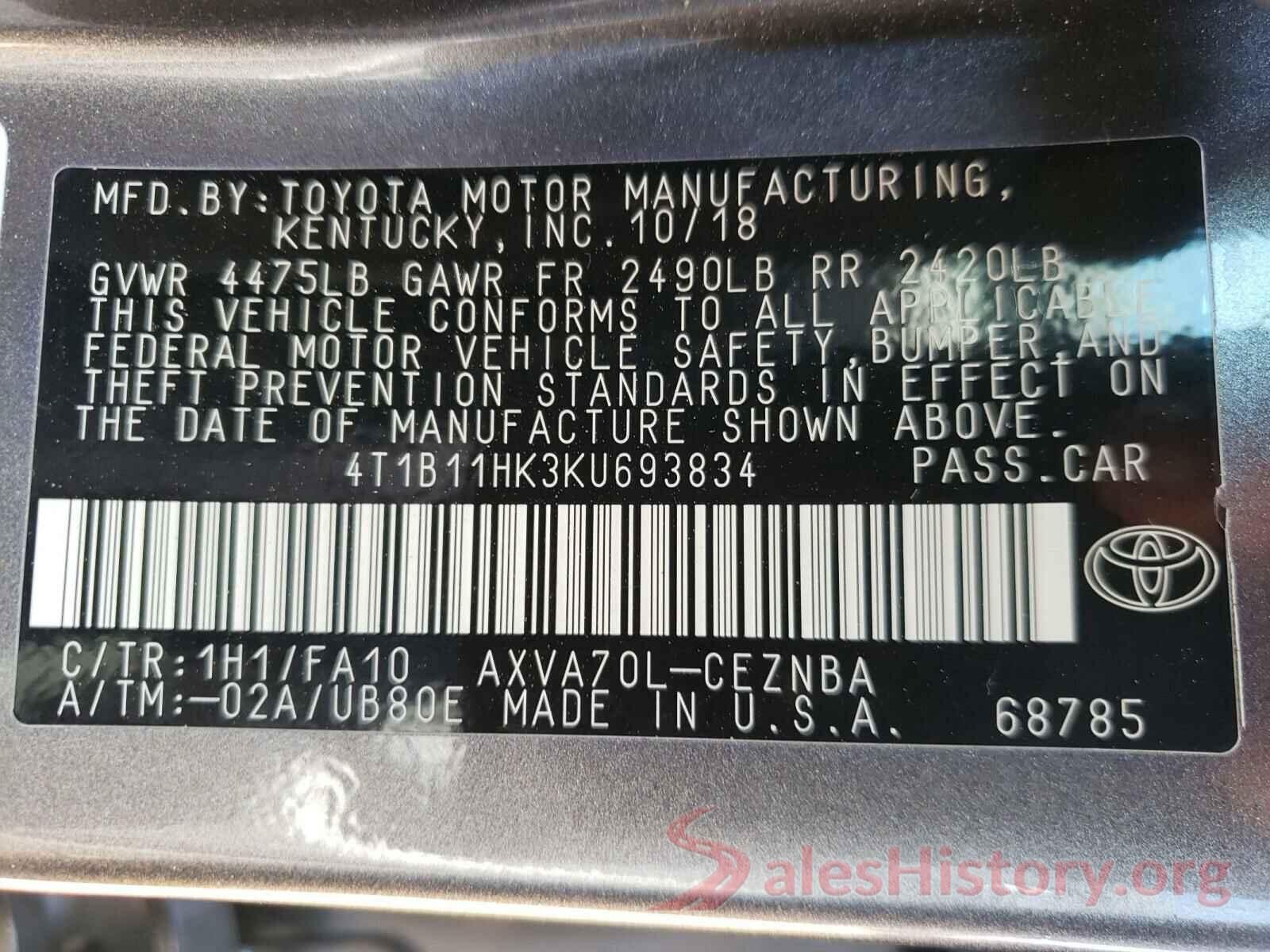 4T1B11HK3KU693834 2019 TOYOTA CAMRY