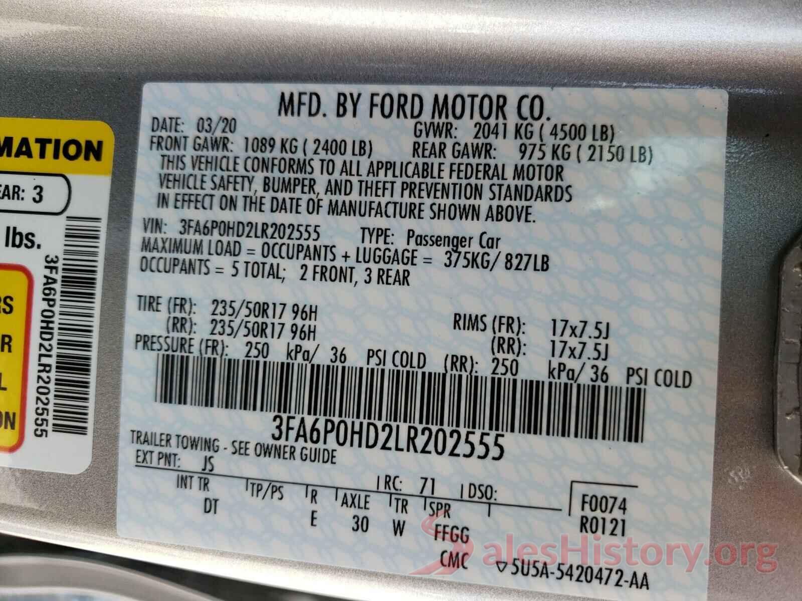 3FA6P0HD2LR202555 2020 FORD FUSION