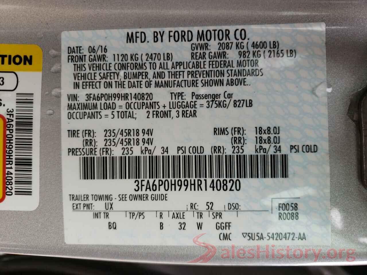 3FA6P0H99HR140820 2017 FORD FUSION