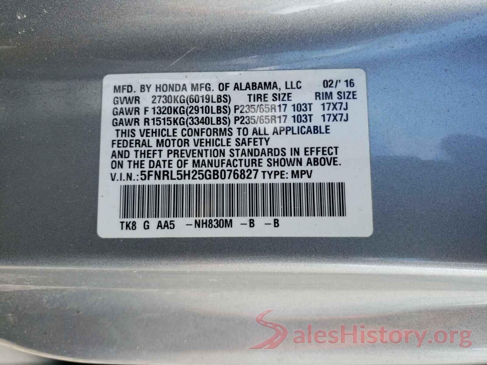 5FNRL5H25GB076827 2016 HONDA ODYSSEY