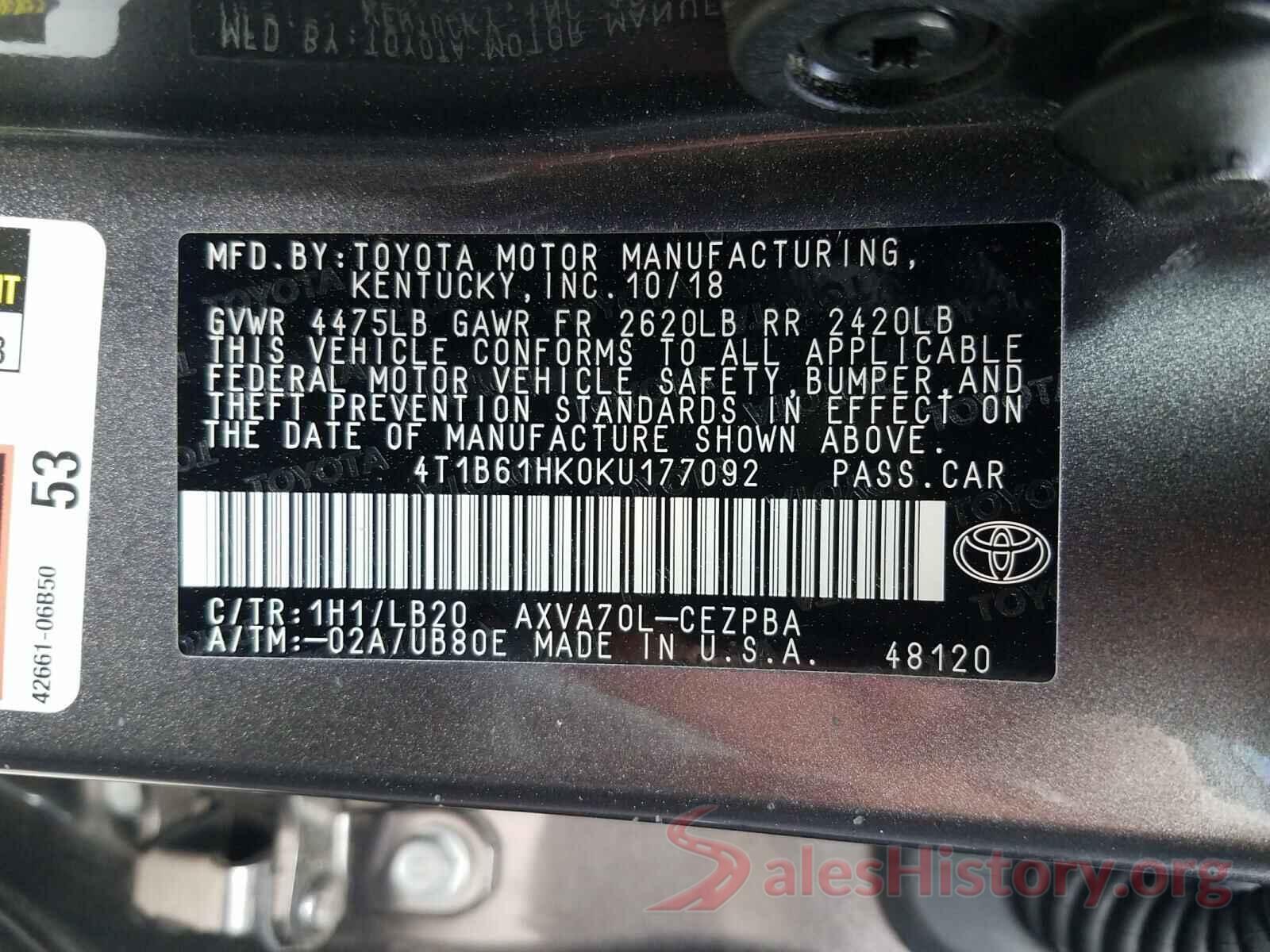 4T1B61HK0KU177092 2019 TOYOTA CAMRY