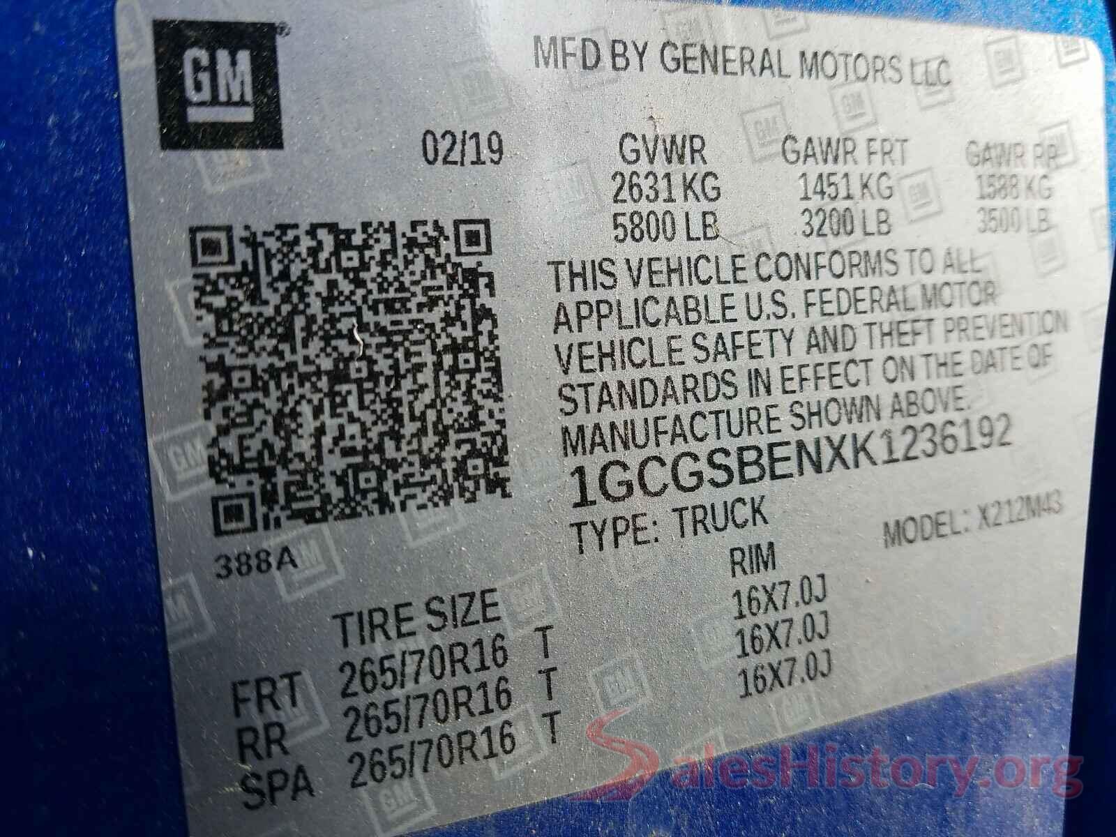 1GCGSBENXK1236192 2019 CHEVROLET COLORADO