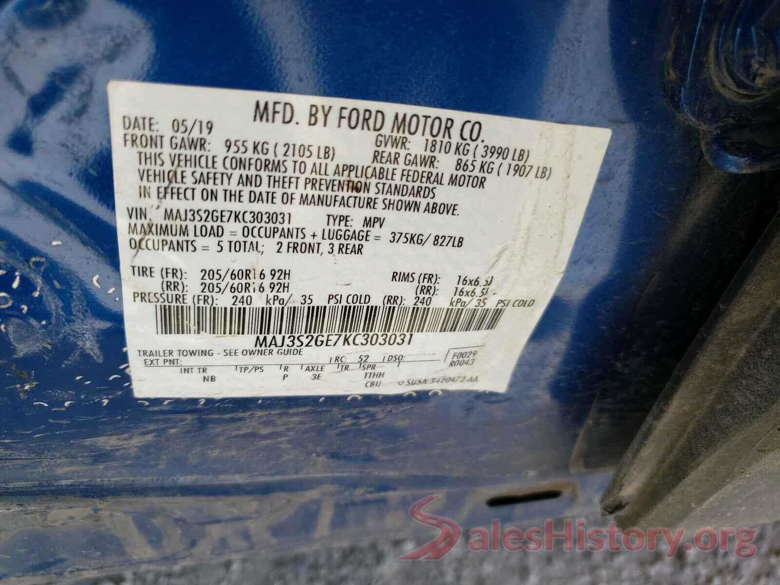 MAJ3S2GE7KC303031 2019 FORD ALL OTHER