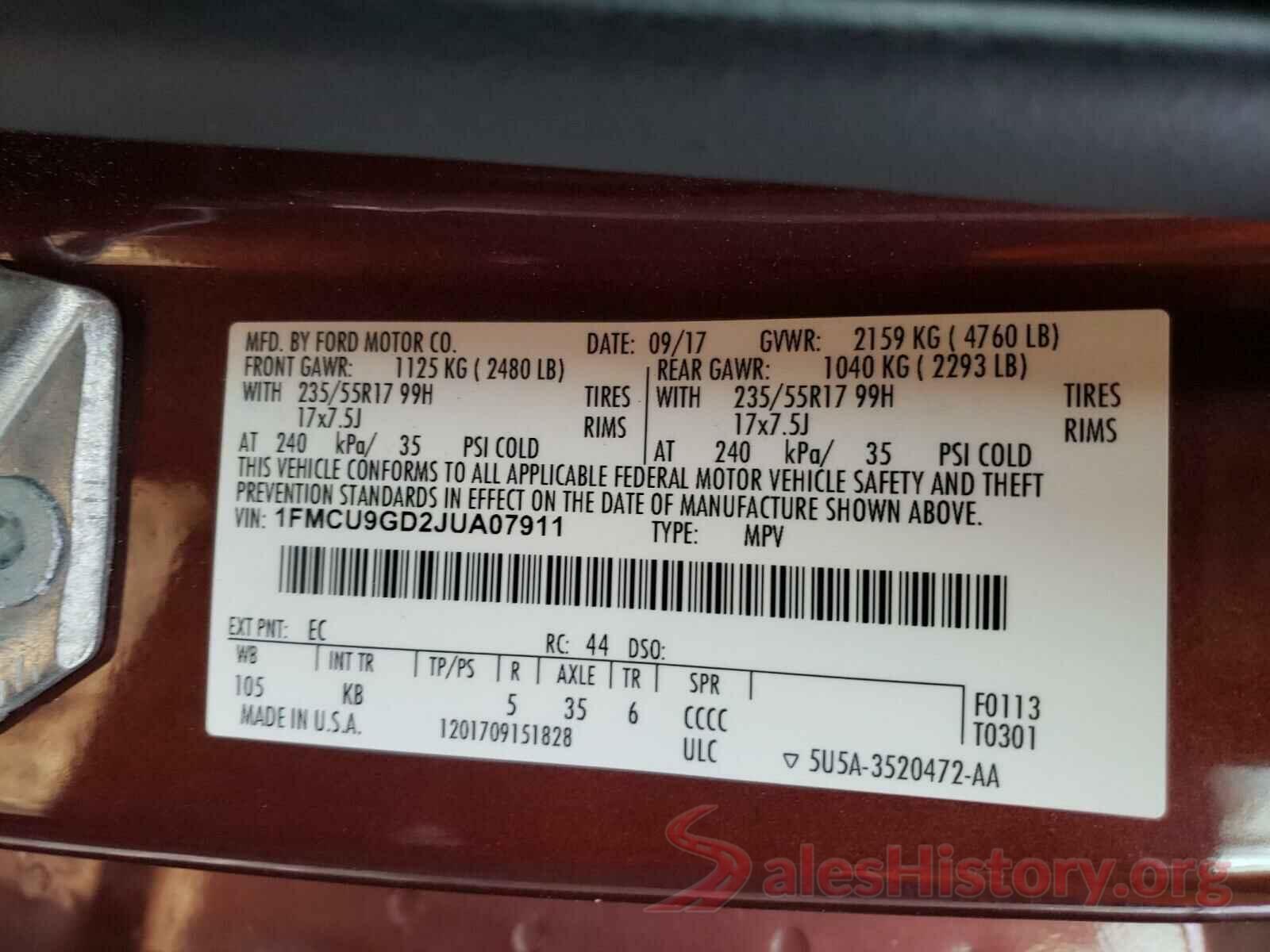 1FMCU9GD2JUA07911 2018 FORD ESCAPE