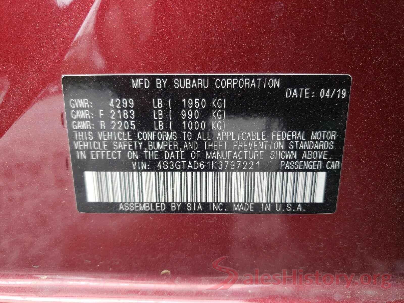 4S3GTAD61K3737221 2019 SUBARU IMPREZA