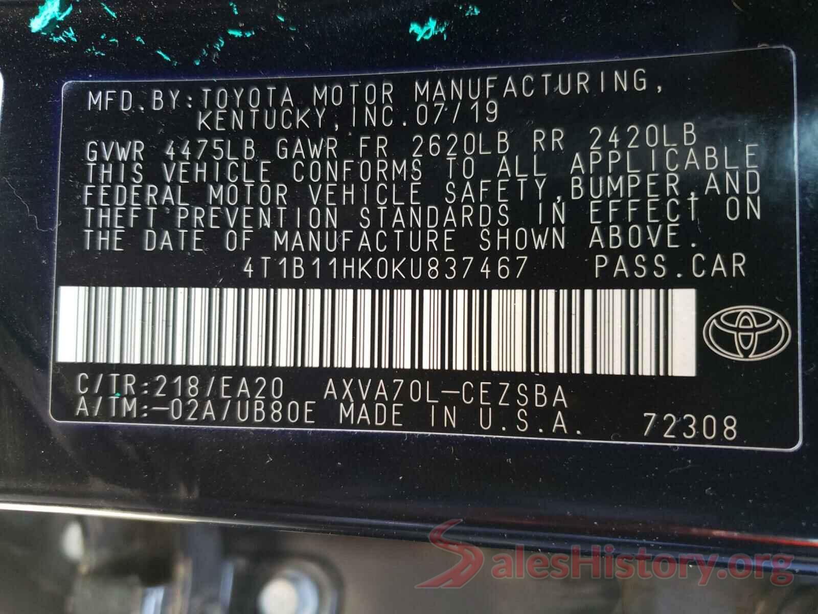 4T1B11HK0KU837467 2019 TOYOTA CAMRY