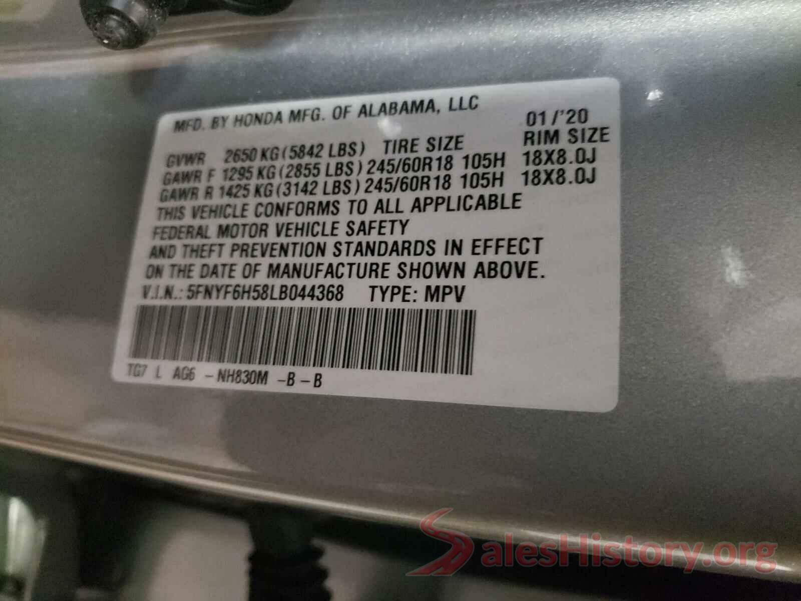 5FNYF6H58LB044368 2020 HONDA PILOT