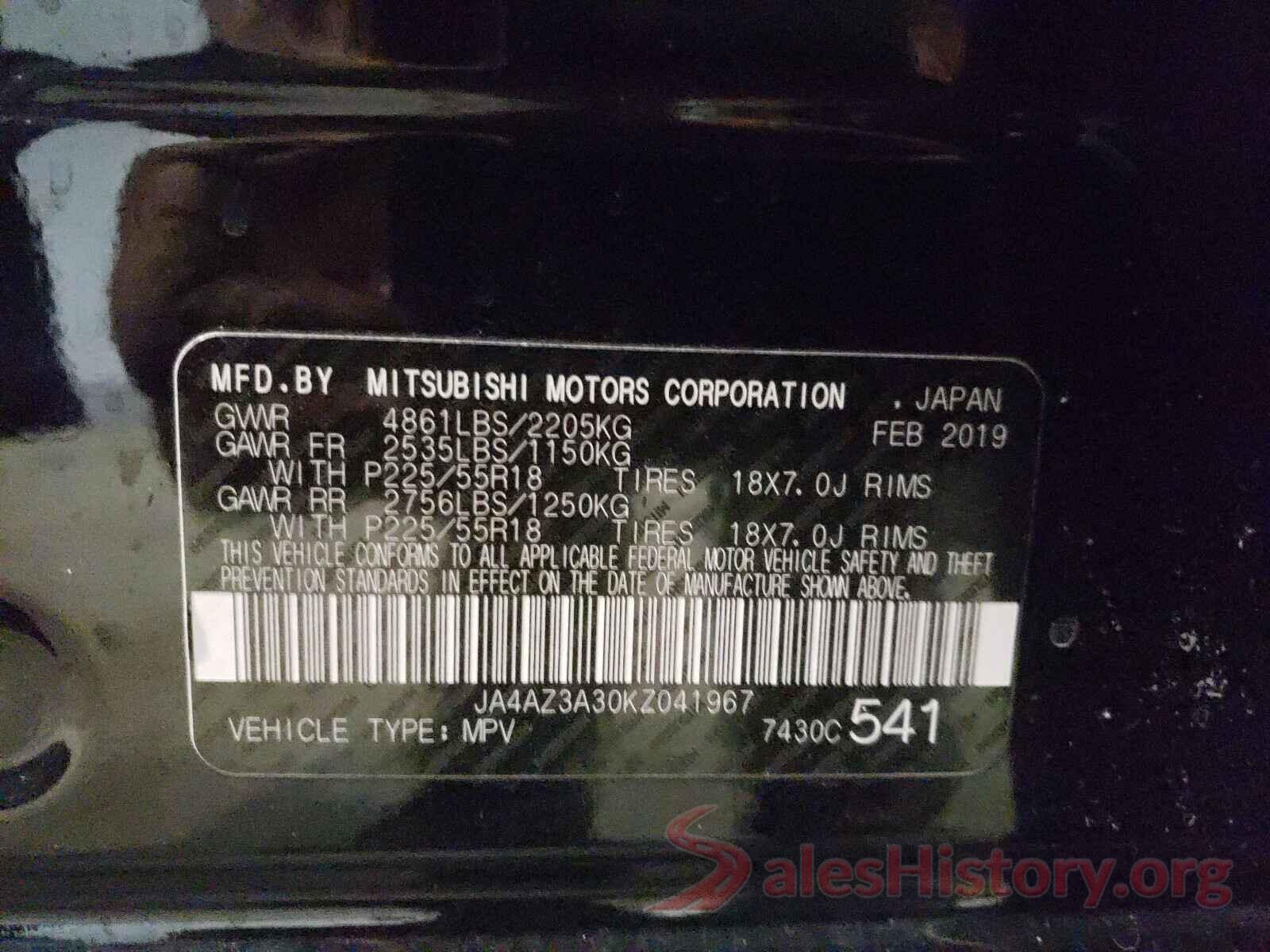 JA4AZ3A30KZ041967 2019 MITSUBISHI OUTLANDER