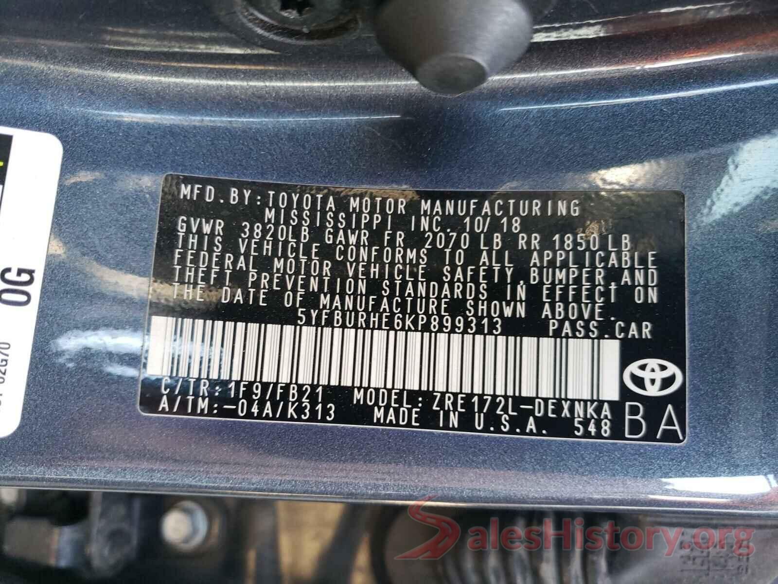 5YFBURHE6KP899313 2019 TOYOTA COROLLA