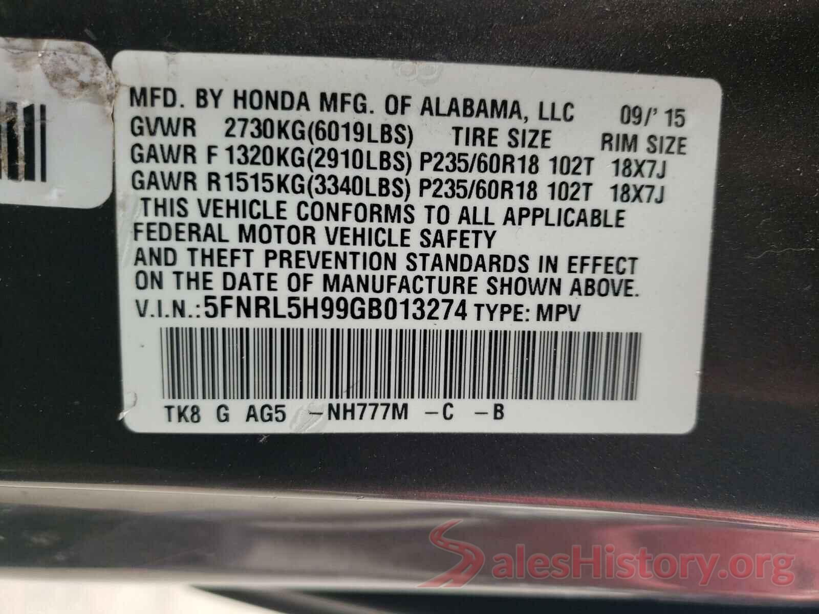 5FNRL5H99GB013274 2016 HONDA ODYSSEY