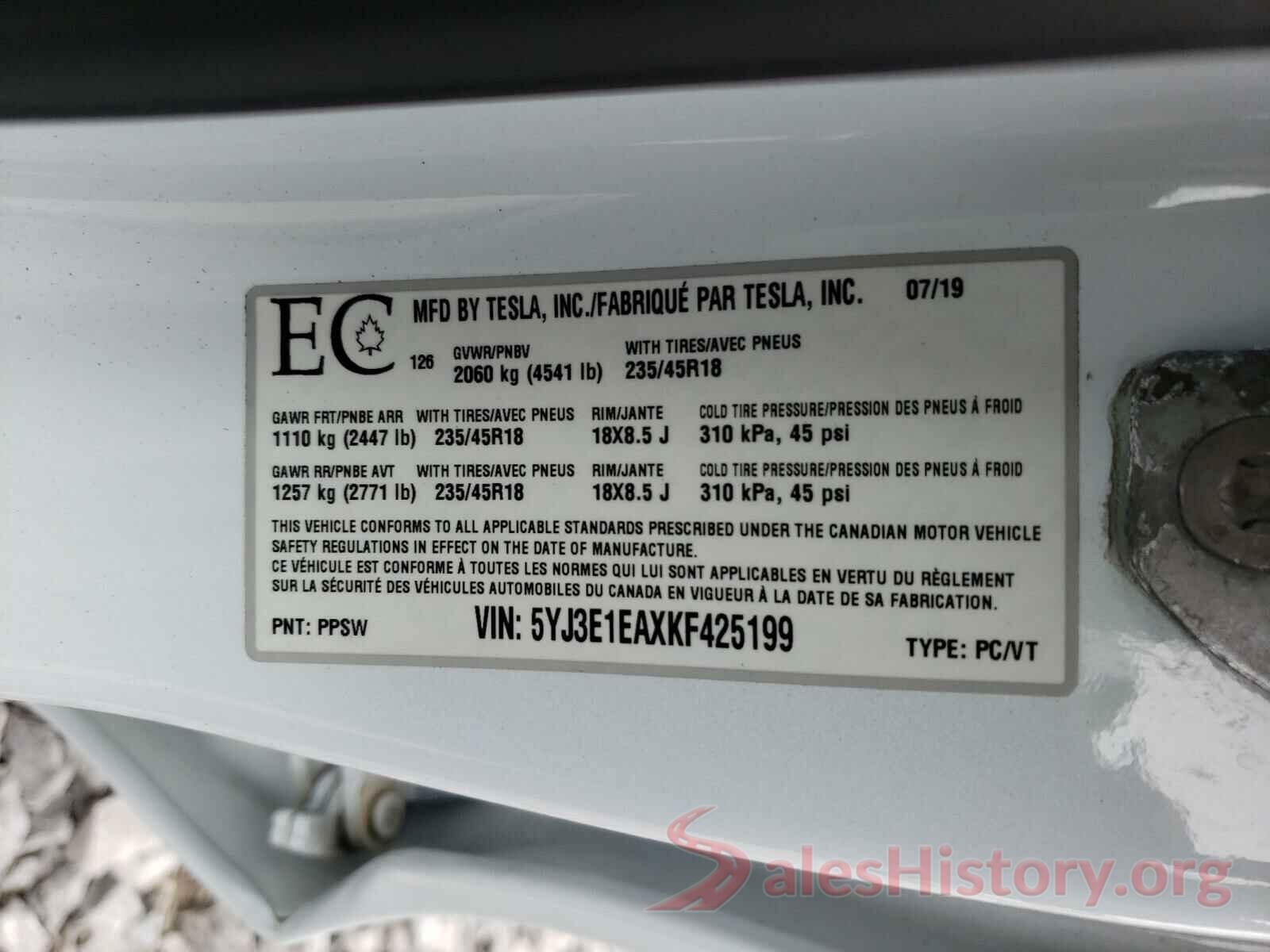 5YJ3E1EAXKF425199 2019 TESLA MODEL 3