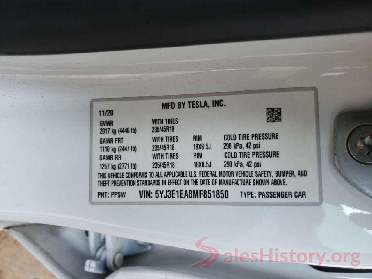 5YJ3E1EA8MF851850 2021 TESLA MODEL 3