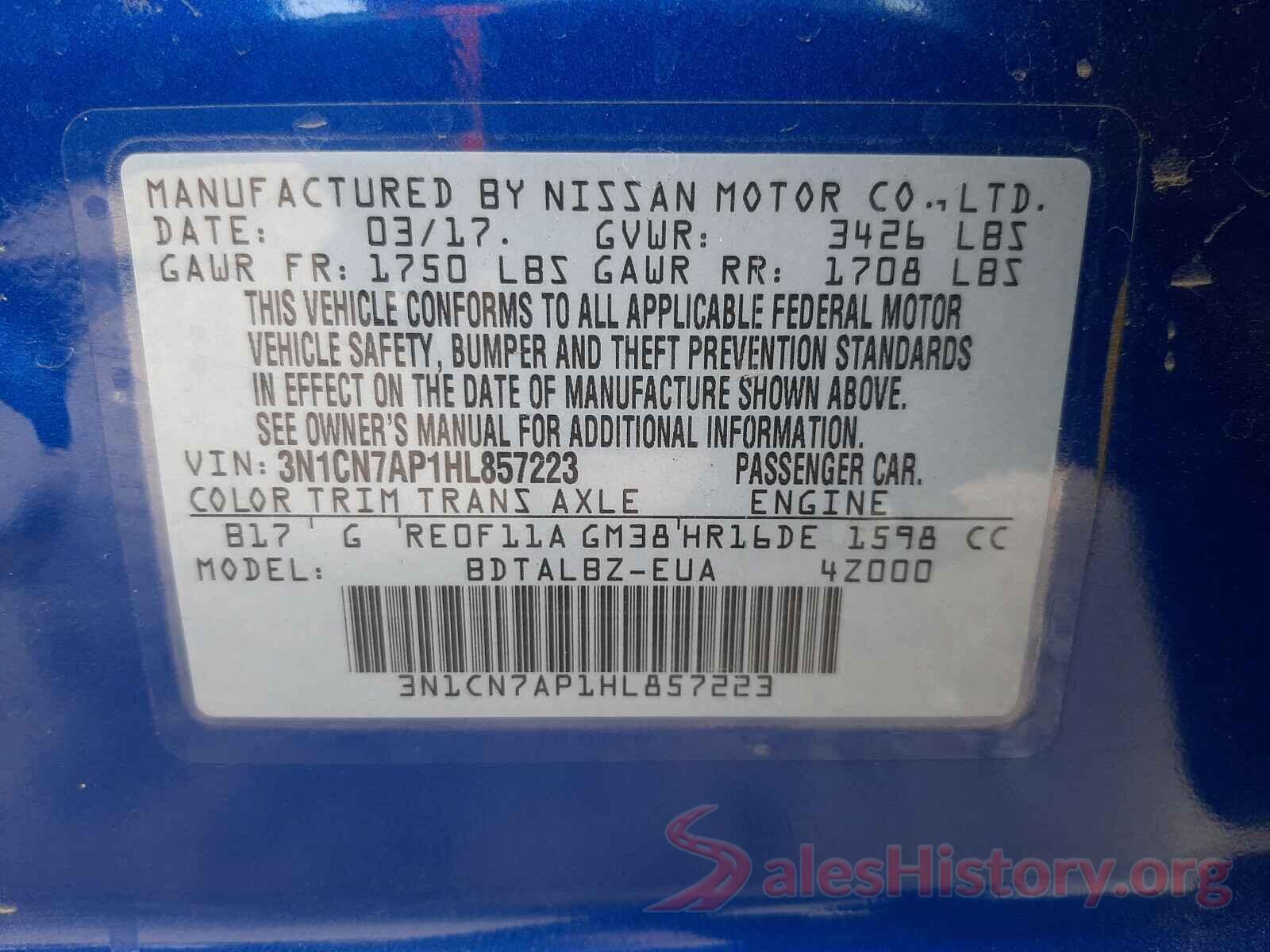 3N1CN7AP1HL857223 2017 NISSAN VERSA