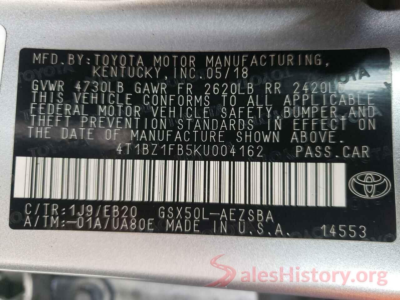 4T1BZ1FB5KU004162 2019 TOYOTA AVALON