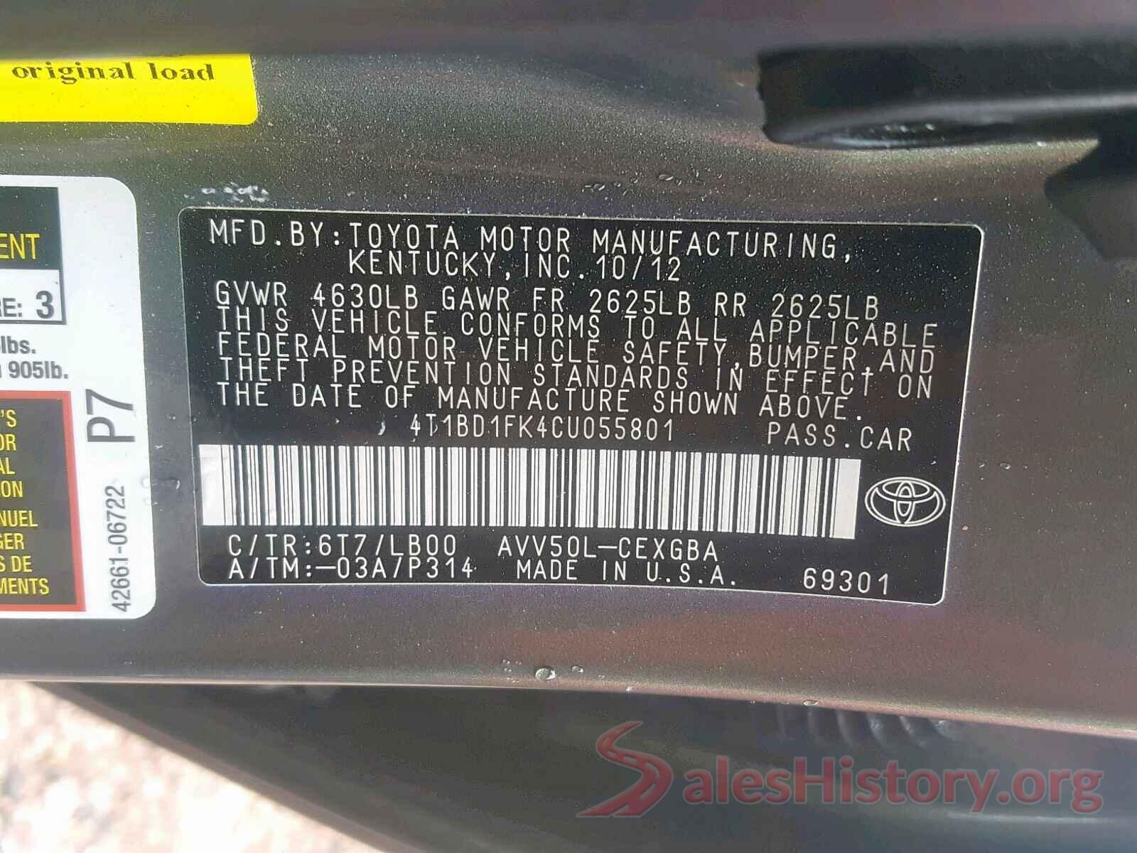 4T1BD1FK4CU055801 2012 TOYOTA CAMRY