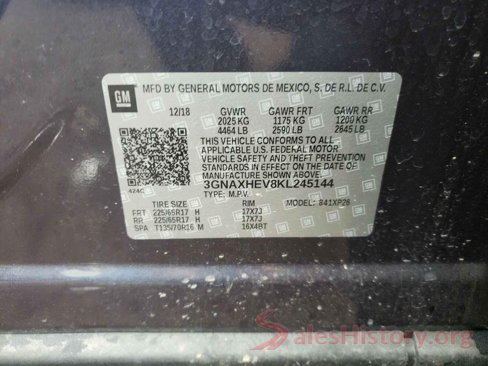 3GNAXHEV8KL245144 2019 CHEVROLET EQUINOX