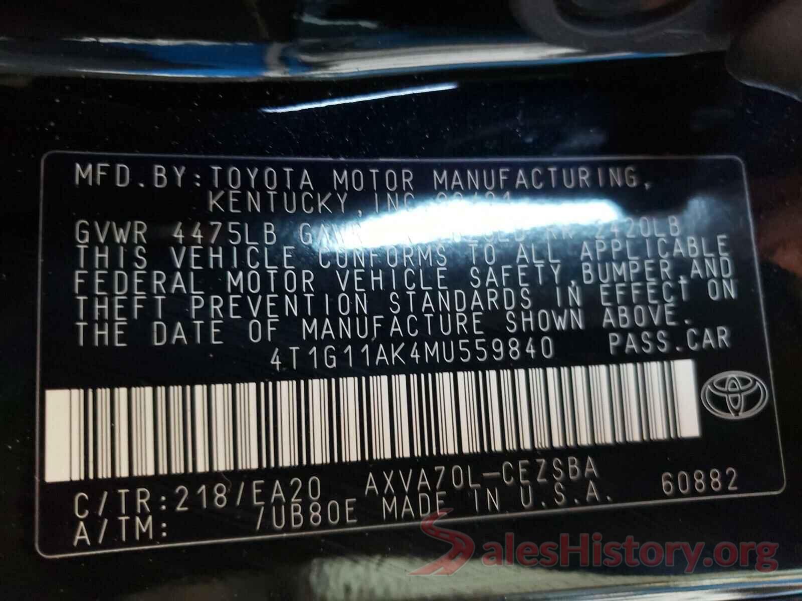 4T1G11AK4MU559840 2021 TOYOTA CAMRY