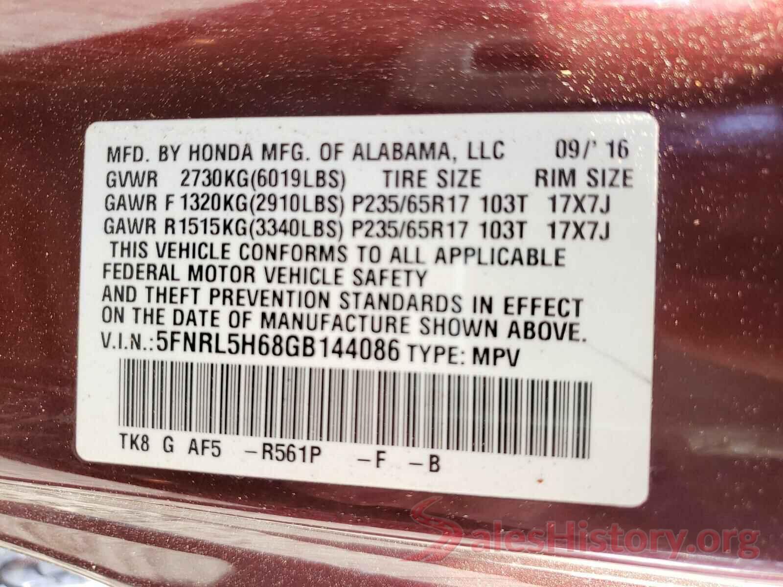 5FNRL5H68GB144086 2016 HONDA ODYSSEY