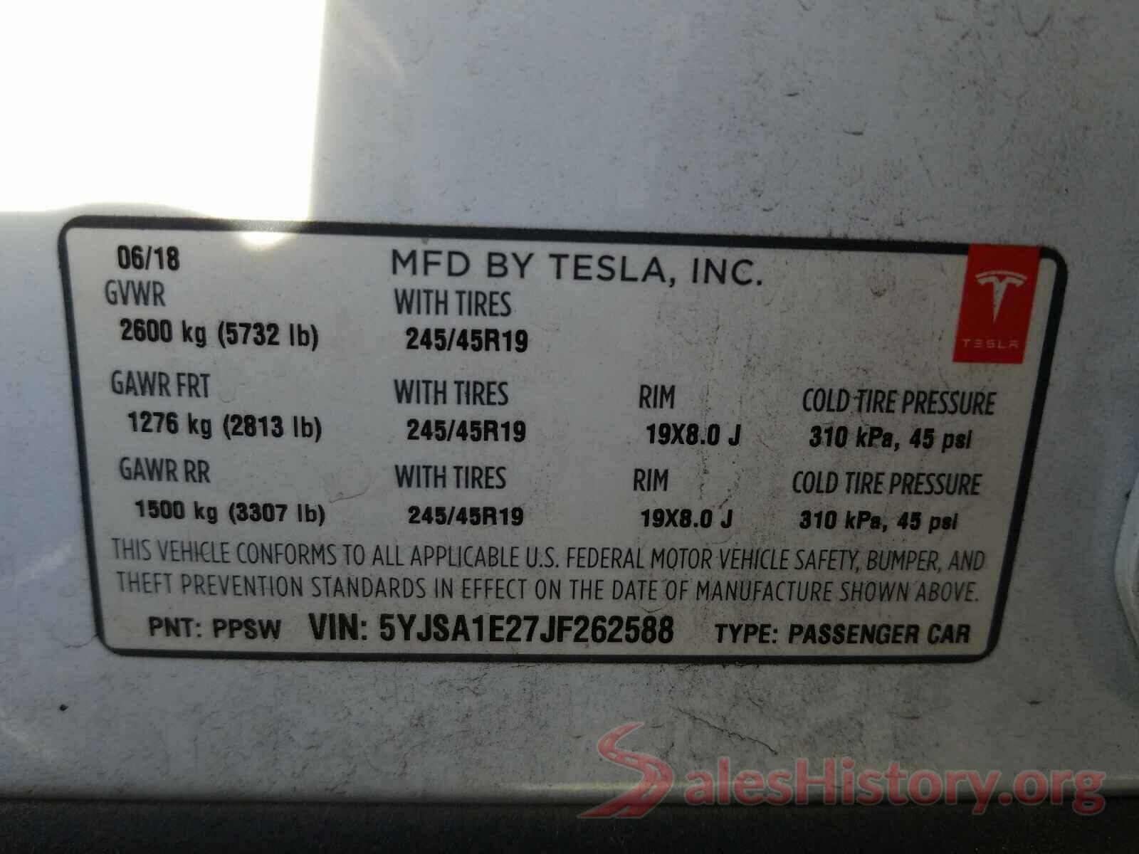 5YJSA1E27JF262588 2018 TESLA MODEL S