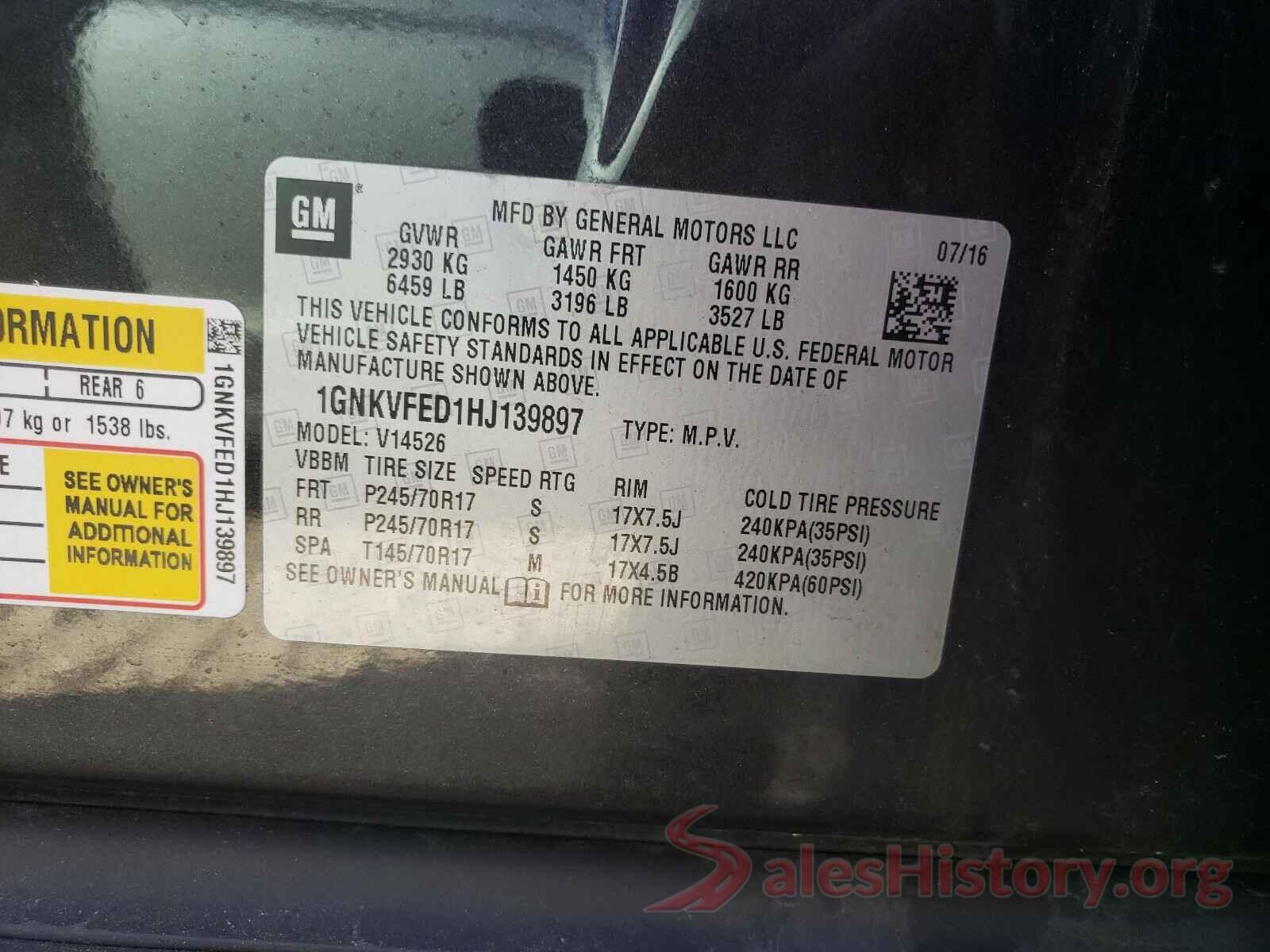 1GNKVFED1HJ139897 2017 CHEVROLET TRAVERSE