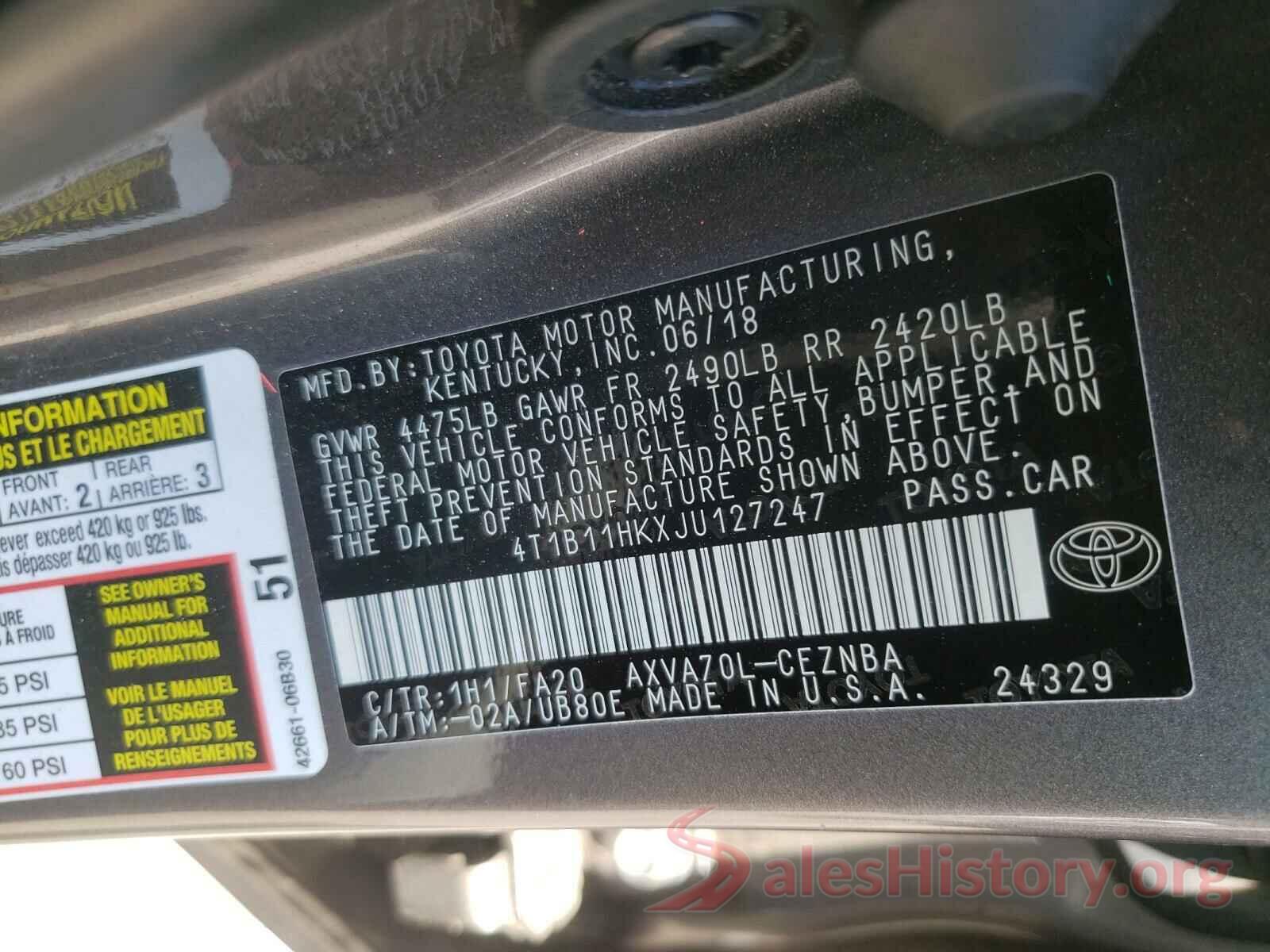 4T1B11HKXJU127247 2018 TOYOTA CAMRY