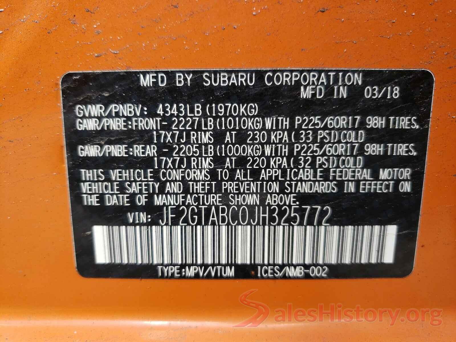 JF2GTABC0JH325772 2018 SUBARU CROSSTREK