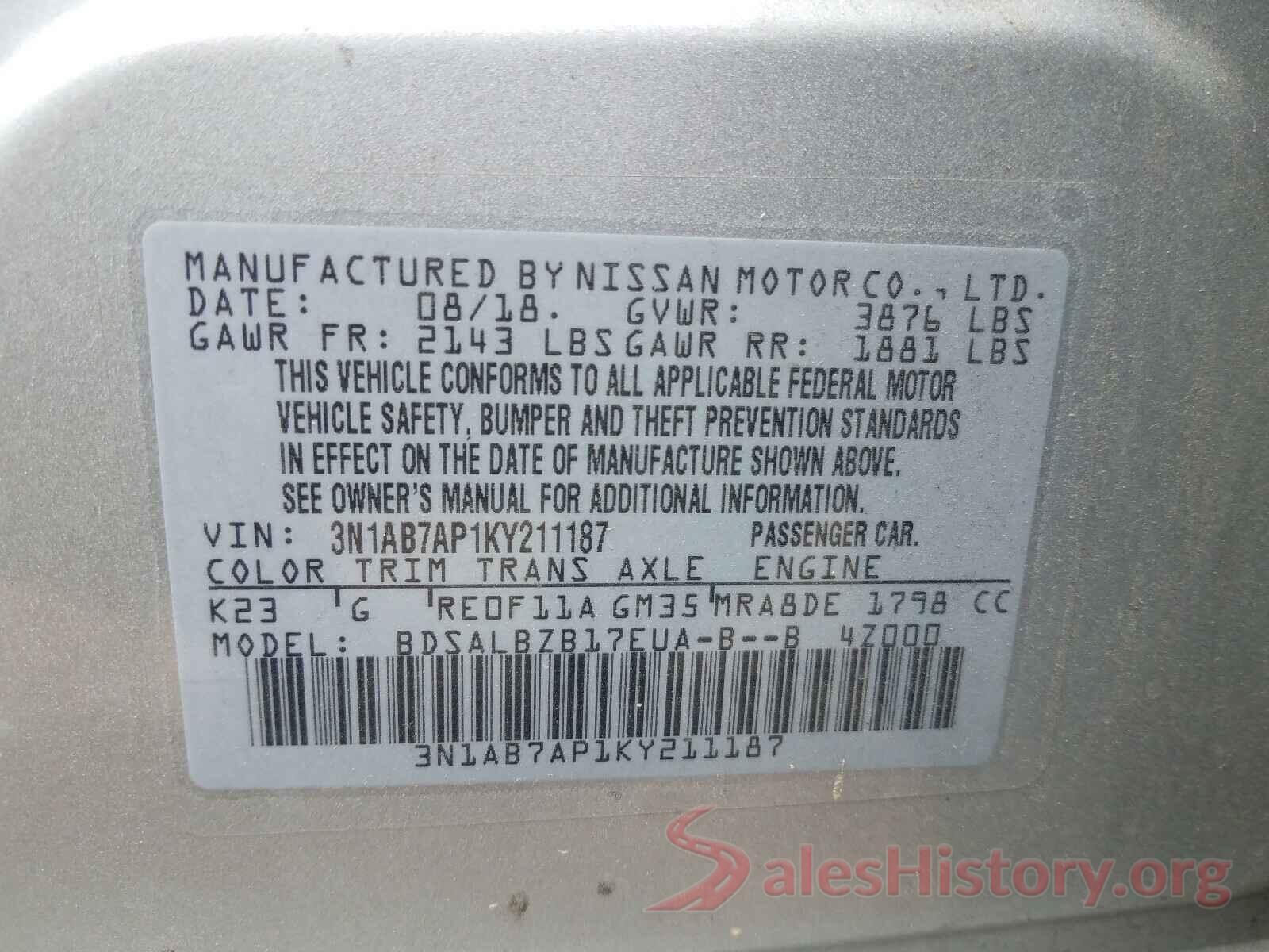 3N1AB7AP1KY211187 2019 NISSAN SENTRA