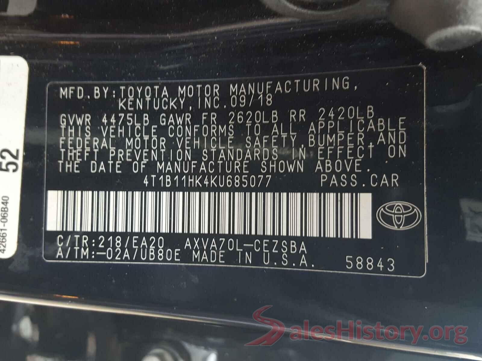 4T1B11HK4KU685077 2019 TOYOTA CAMRY