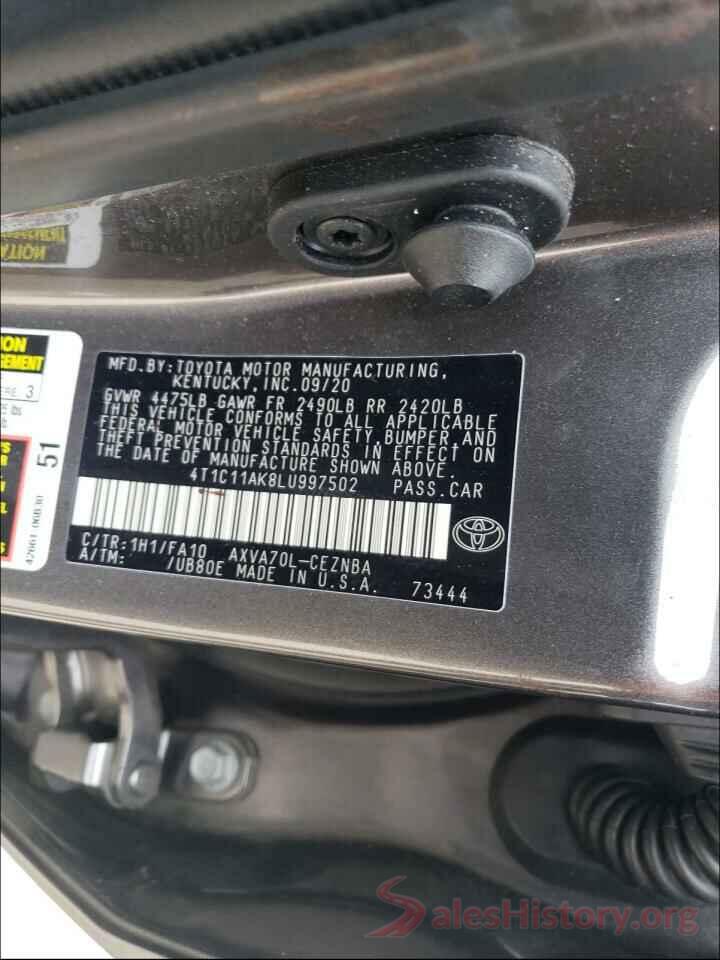 4T1C11AK8LU997502 2020 TOYOTA CAMRY