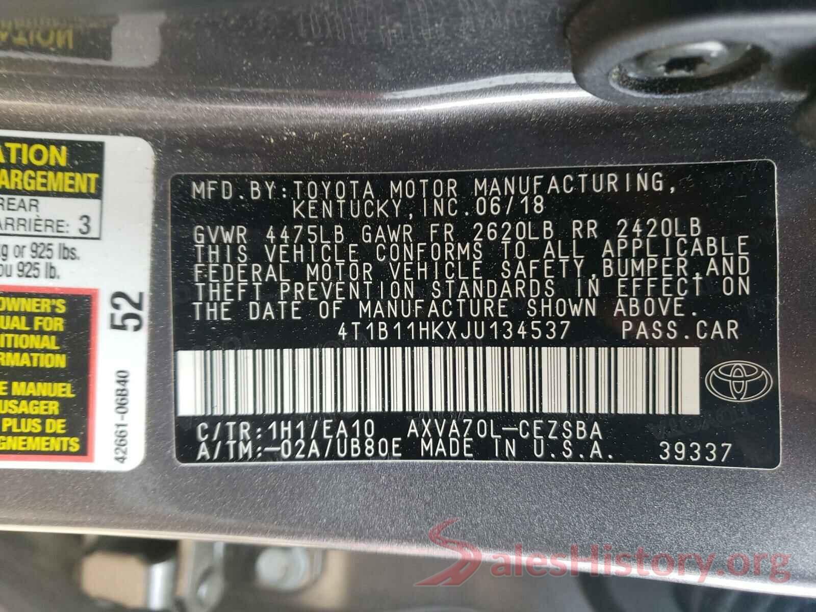 4T1B11HKXJU134537 2018 TOYOTA CAMRY