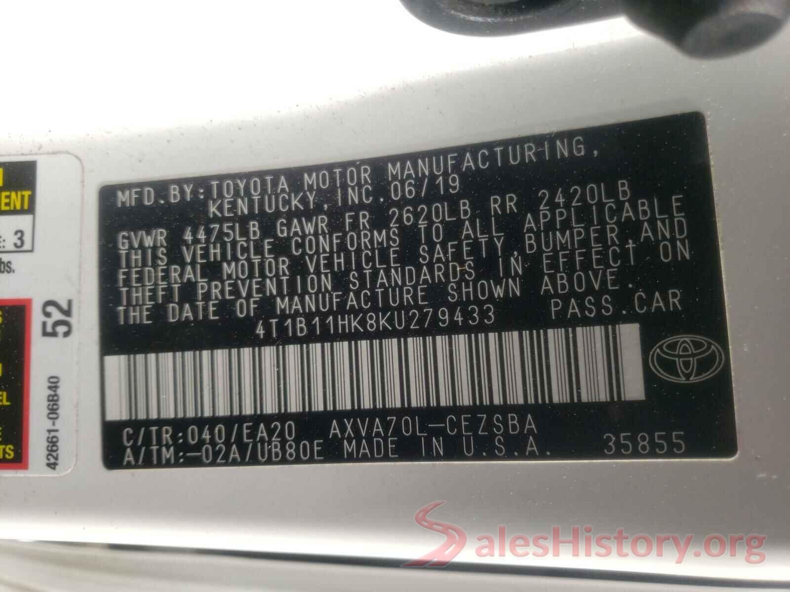 4T1B11HK8KU279433 2019 TOYOTA CAMRY