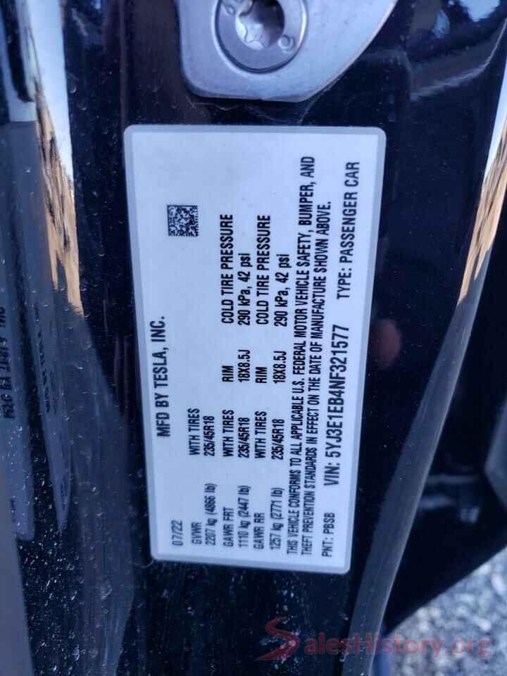 5YJ3E1EB4NF321577 2022 TESLA MODEL 3