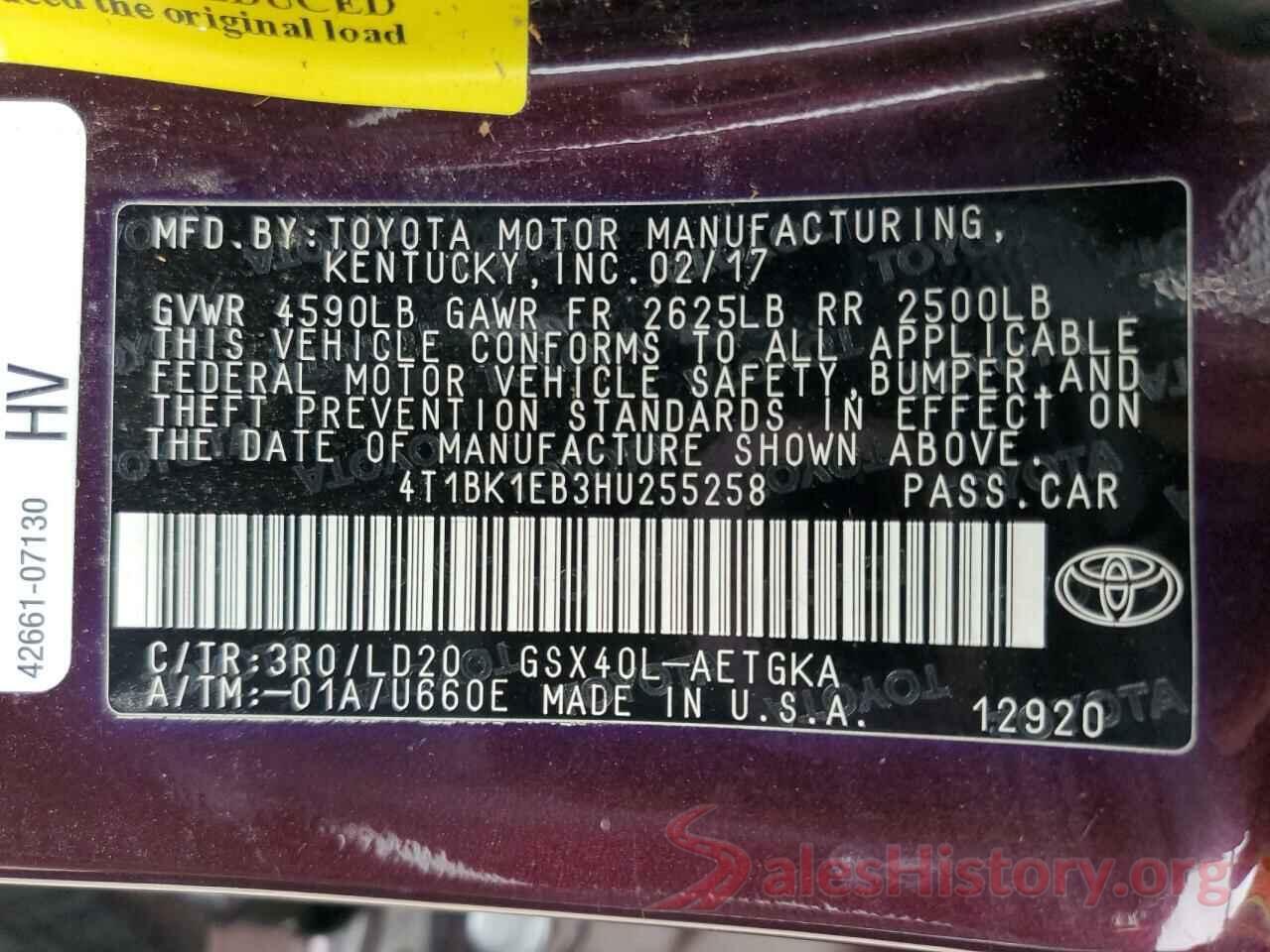 4T1BK1EB3HU255258 2017 TOYOTA AVALON