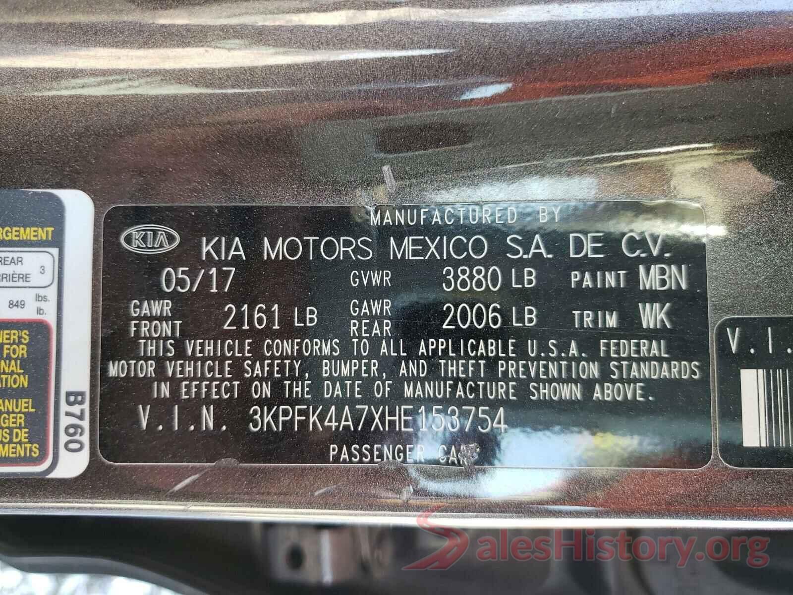 3KPFK4A7XHE153754 2017 KIA FORTE