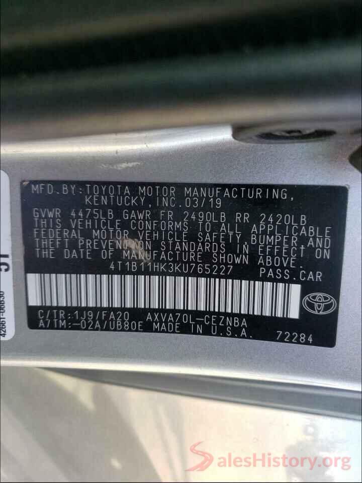 4T1B11HK3KU765227 2019 TOYOTA CAMRY