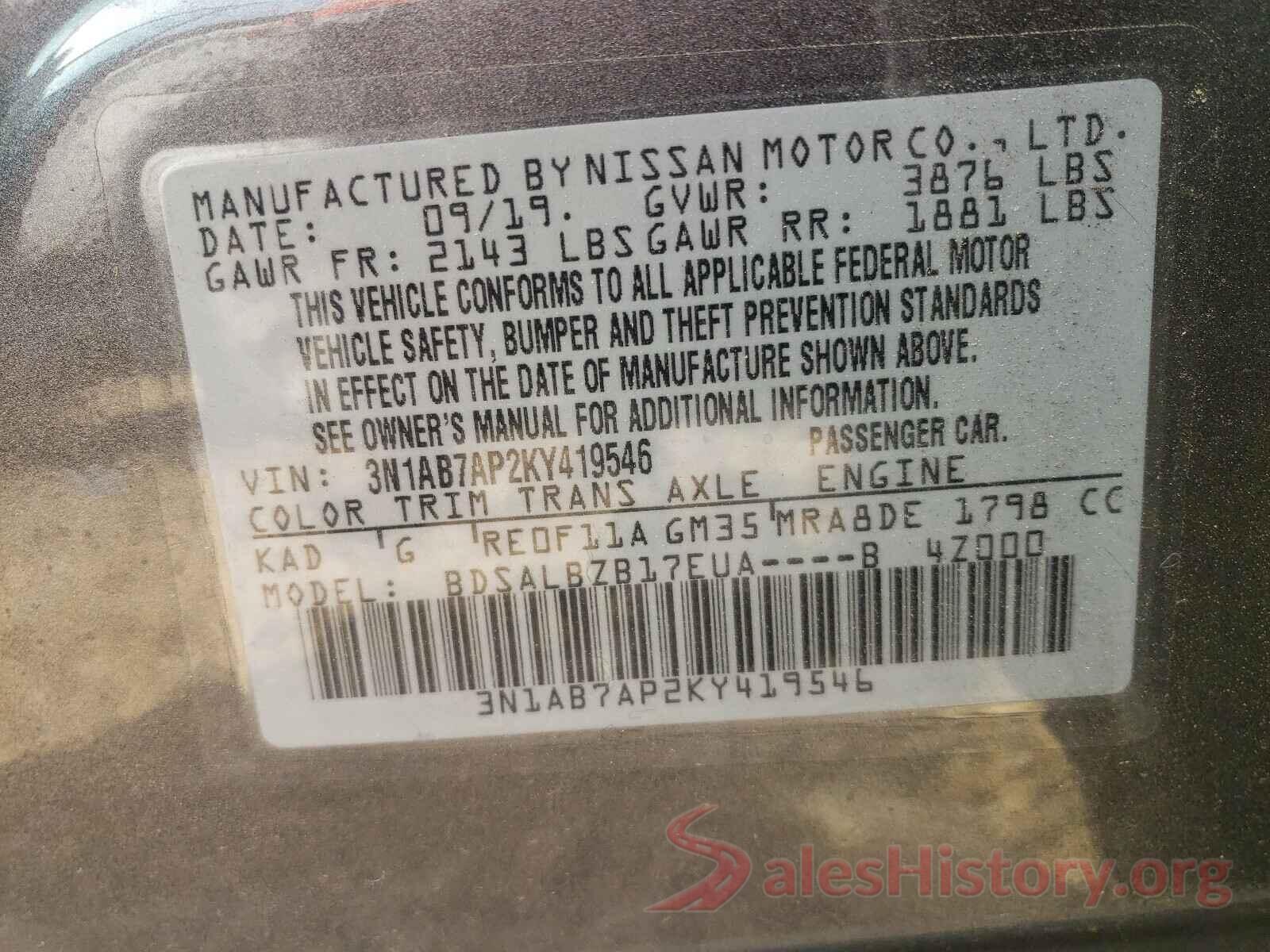 3N1AB7AP2KY419546 2019 NISSAN SENTRA